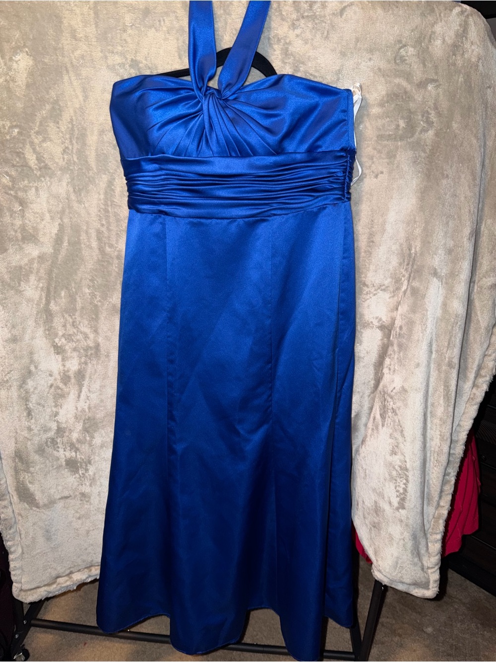 David's Bridal Royal Blue Halter Satin Maxi Dress